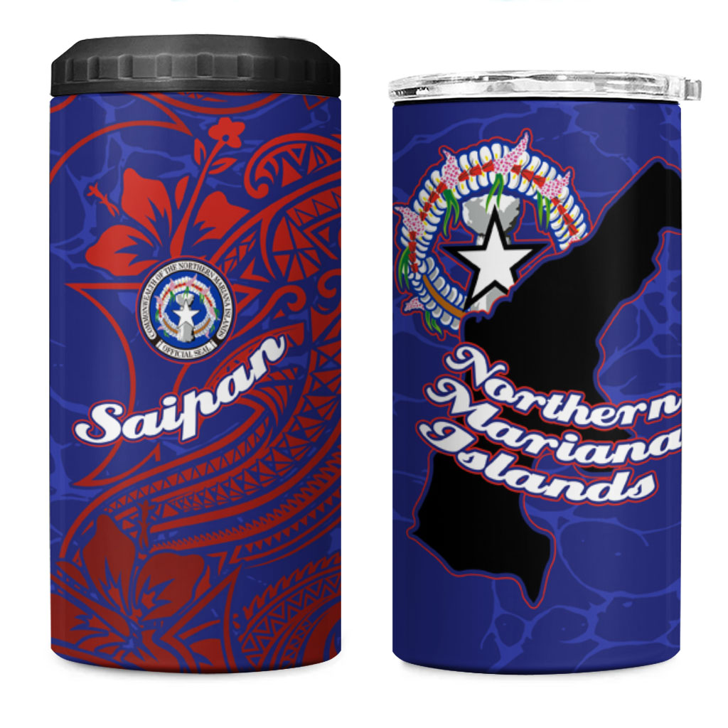 Saipan Northern Mariana Islands 4 in 1 Can Cooler Tumbler Polynesian Tribal Tattoo Art With Hibiscus Flowers And Seal