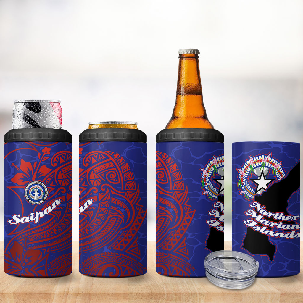 Saipan Northern Mariana Islands 4 in 1 Can Cooler Tumbler Polynesian Tribal Tattoo Art With Hibiscus Flowers And Seal