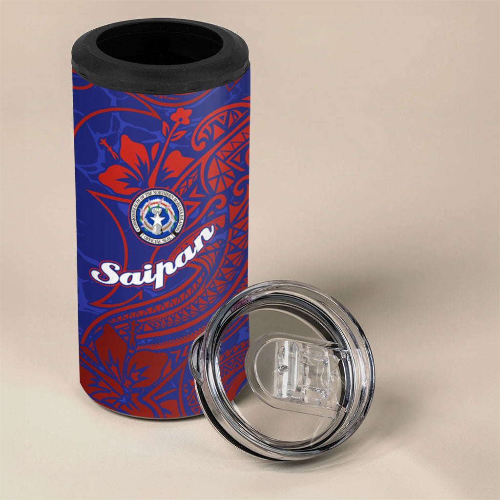 Saipan Northern Mariana Islands 4 in 1 Can Cooler Tumbler Polynesian Tribal Tattoo Art With Hibiscus Flowers And Seal