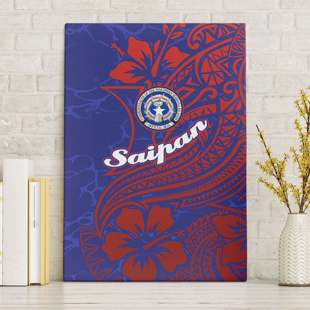 Saipan Northern Mariana Islands Canvas Wall Art Polynesian Tribal Tattoo Art With Hibiscus Flowers And Seal TS04 Without Frame Blue Red - Polynesian Pride