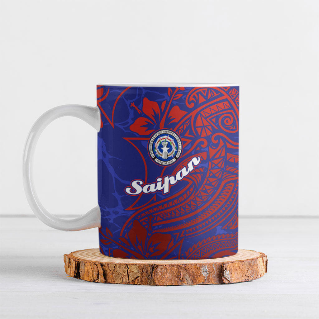 Saipan Northern Mariana Islands Ceramic Mug Polynesian Tribal Tattoo Art With Hibiscus Flowers And Seal TS04 Blue Red - Polynesian Pride