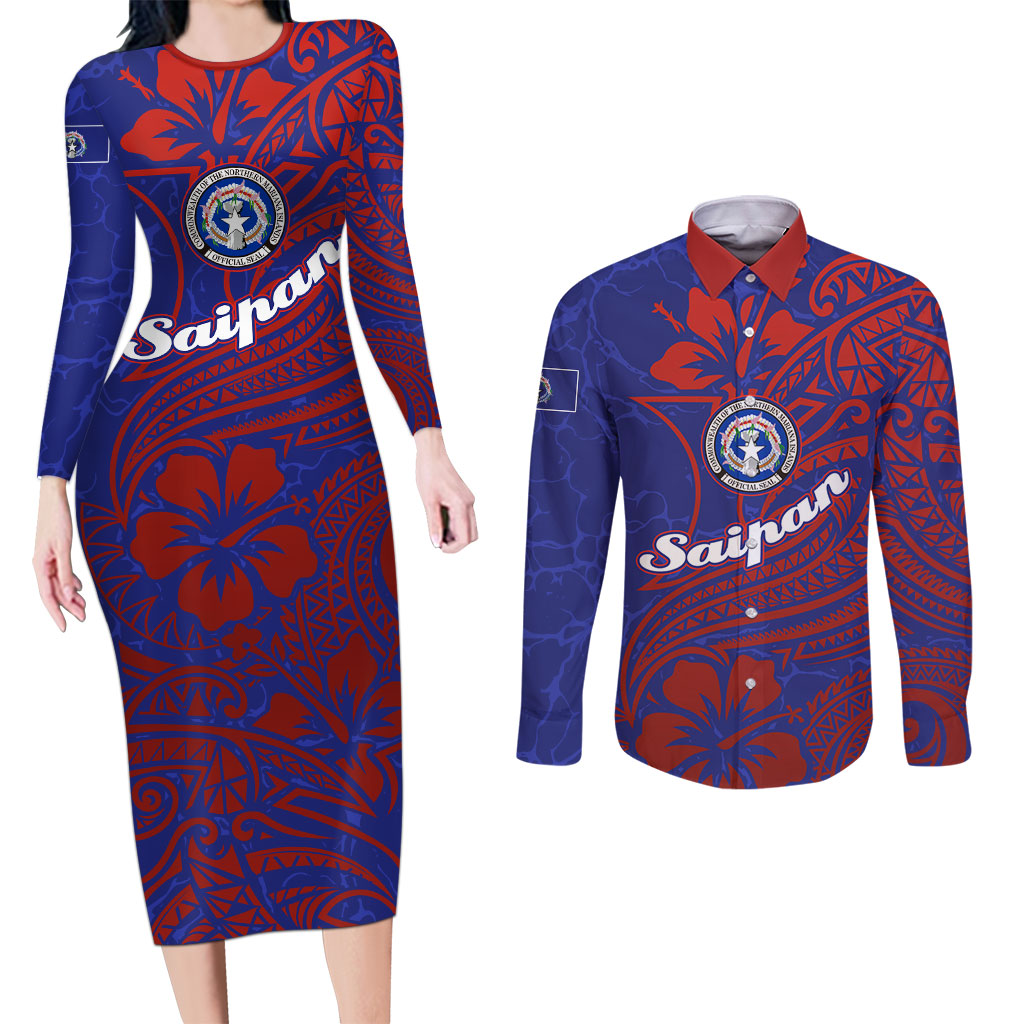 Saipan Northern Mariana Islands Couples Matching Long Sleeve Bodycon Dress and Long Sleeve Button Shirt Polynesian Tribal Tattoo Art With Hibiscus Flowers And Seal