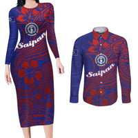 Saipan Northern Mariana Islands Couples Matching Long Sleeve Bodycon Dress and Long Sleeve Button Shirt Polynesian Tribal Tattoo Art With Hibiscus Flowers And Seal