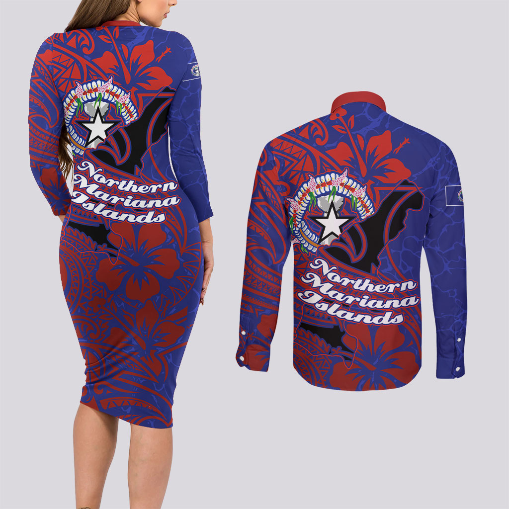 Saipan Northern Mariana Islands Couples Matching Long Sleeve Bodycon Dress and Long Sleeve Button Shirt Polynesian Tribal Tattoo Art With Hibiscus Flowers And Seal