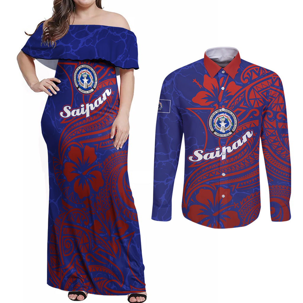 Saipan Northern Mariana Islands Couples Matching Off Shoulder Maxi Dress and Long Sleeve Button Shirt Polynesian Tribal Tattoo Art With Hibiscus Flowers And Seal