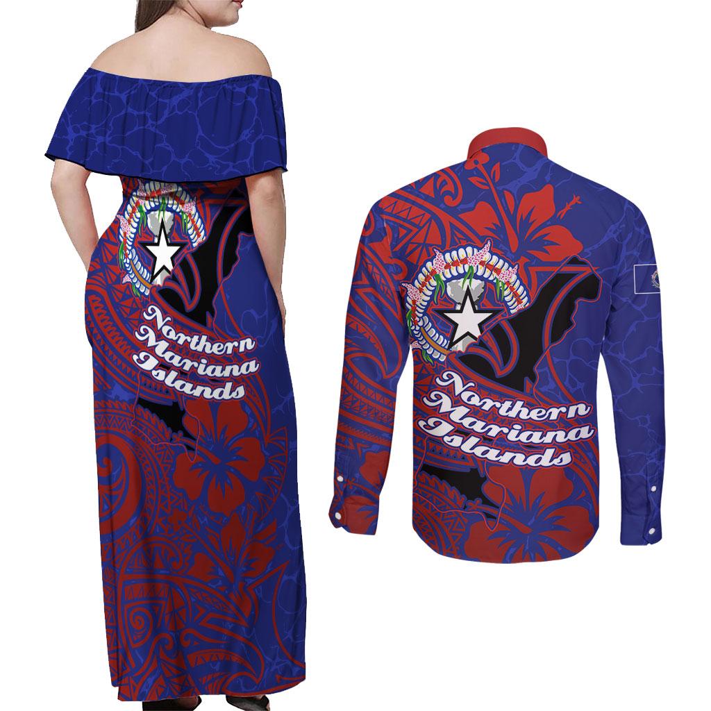 Saipan Northern Mariana Islands Couples Matching Off Shoulder Maxi Dress and Long Sleeve Button Shirt Polynesian Tribal Tattoo Art With Hibiscus Flowers And Seal