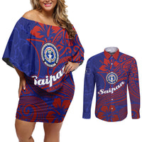 Saipan Northern Mariana Islands Couples Matching Off Shoulder Short Dress and Long Sleeve Button Shirt Polynesian Tribal Tattoo Art With Hibiscus Flowers And Seal
