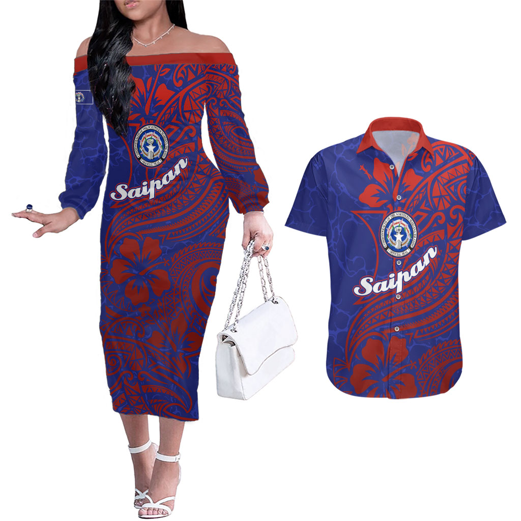 Saipan Northern Mariana Islands Couples Matching Off The Shoulder Long Sleeve Dress and Hawaiian Shirt Polynesian Tribal Tattoo Art With Hibiscus Flowers And Seal TS04 Blue Red - Polynesian Pride