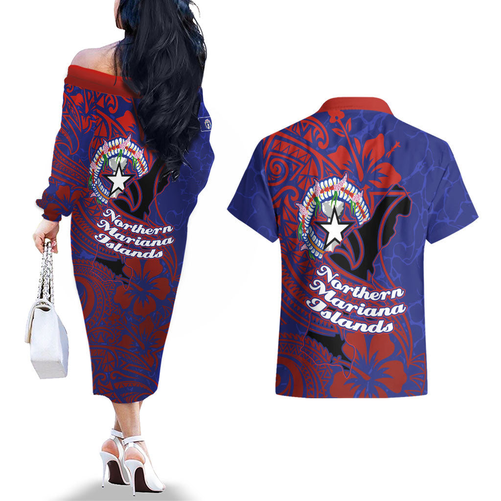 Saipan Northern Mariana Islands Couples Matching Off The Shoulder Long Sleeve Dress and Hawaiian Shirt Polynesian Tribal Tattoo Art With Hibiscus Flowers And Seal TS04 - Polynesian Pride
