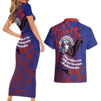Saipan Northern Mariana Islands Couples Matching Short Sleeve Bodycon Dress and Hawaiian Shirt Polynesian Tribal Tattoo Art With Hibiscus Flowers And Seal