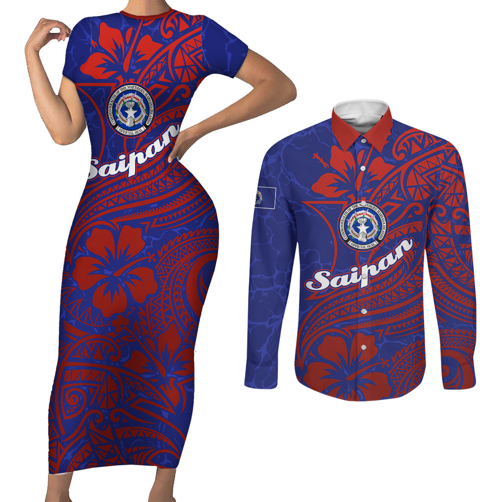 Saipan Northern Mariana Islands Couples Matching Short Sleeve Bodycon Dress and Long Sleeve Button Shirt Polynesian Tribal Tattoo Art With Hibiscus Flowers And Seal
