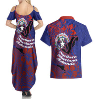 Saipan Northern Mariana Islands Couples Matching Summer Maxi Dress and Hawaiian Shirt Polynesian Tribal Tattoo Art With Hibiscus Flowers And Seal