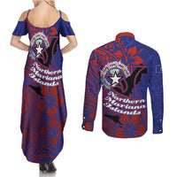 Saipan Northern Mariana Islands Couples Matching Summer Maxi Dress and Long Sleeve Button Shirt Polynesian Tribal Tattoo Art With Hibiscus Flowers And Seal
