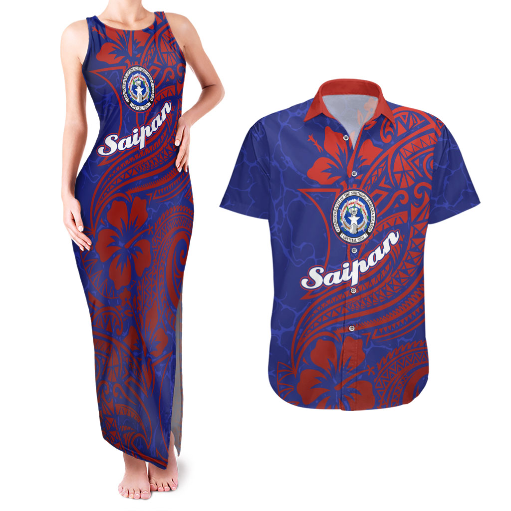 Saipan Northern Mariana Islands Couples Matching Tank Maxi Dress and Hawaiian Shirt Polynesian Tribal Tattoo Art With Hibiscus Flowers And Seal
