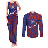 Saipan Northern Mariana Islands Couples Matching Tank Maxi Dress and Long Sleeve Button Shirt Polynesian Tribal Tattoo Art With Hibiscus Flowers And Seal