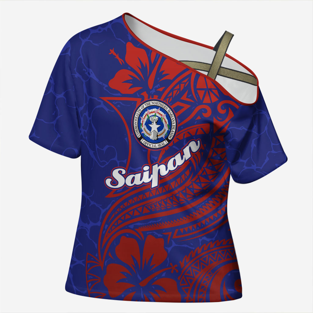 Saipan Northern Mariana Islands Cross Shoulder Shirt Polynesian Tribal Tattoo Art With Hibiscus Flowers And Seal