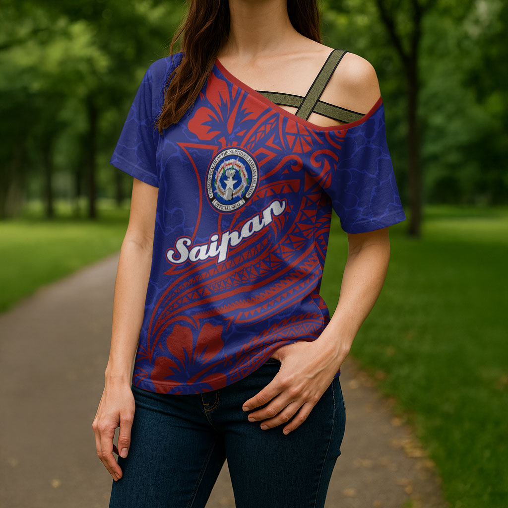 Saipan Northern Mariana Islands Cross Shoulder Shirt Polynesian Tribal Tattoo Art With Hibiscus Flowers And Seal