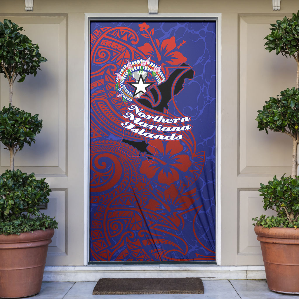 Saipan Northern Mariana Islands Door Cover Polynesian Tribal Tattoo Art With Hibiscus Flowers And Seal