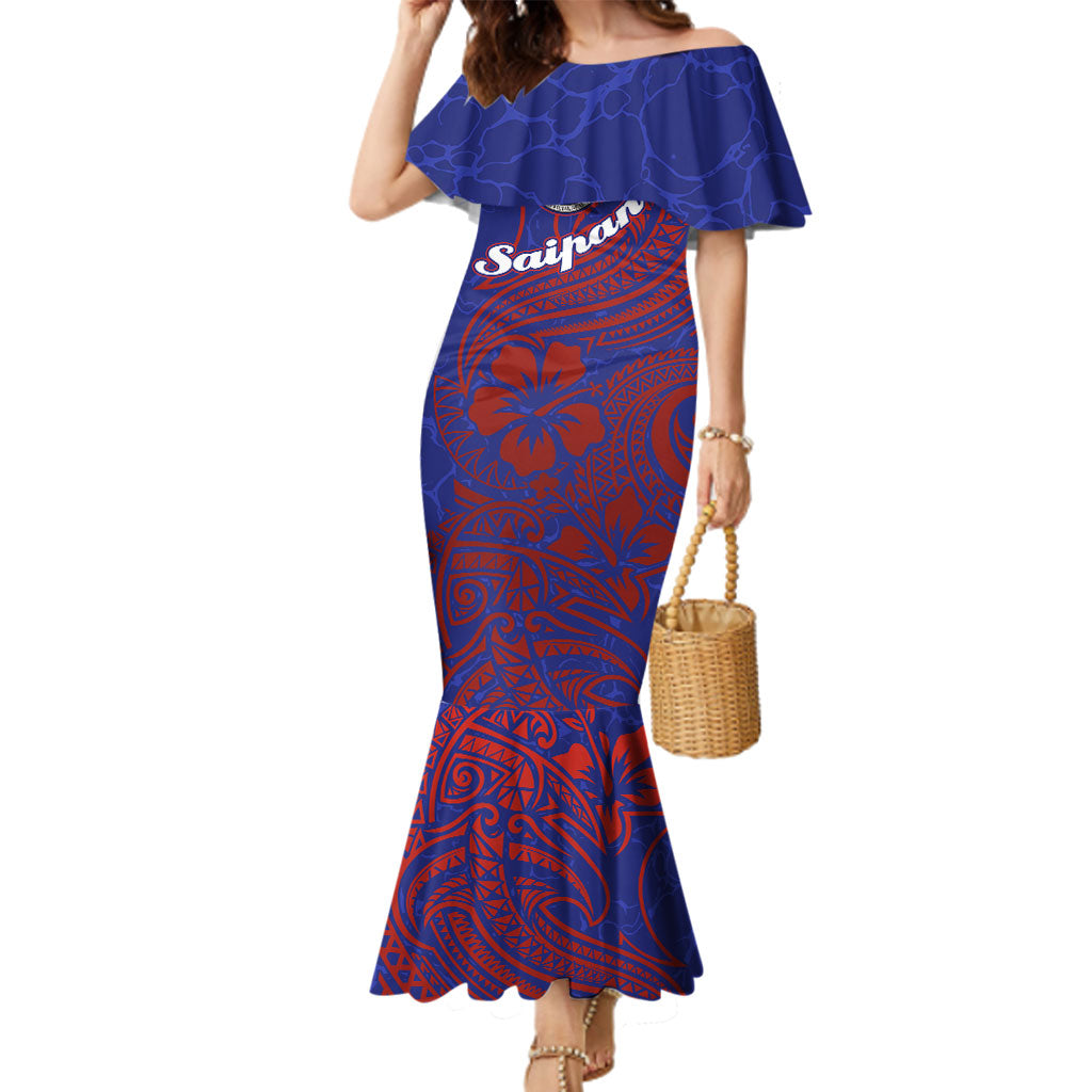 Saipan Northern Mariana Islands Family Matching Mermaid Dress and Hawaiian Shirt Polynesian Tribal Tattoo Art With Hibiscus Flowers And Seal TS04 Mom's Dress Blue Red - Polynesian Pride