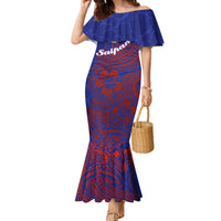 Saipan Northern Mariana Islands Family Matching Mermaid Dress and Hawaiian Shirt Polynesian Tribal Tattoo Art With Hibiscus Flowers And Seal TS04 Mom's Dress Blue Red - Polynesian Pride