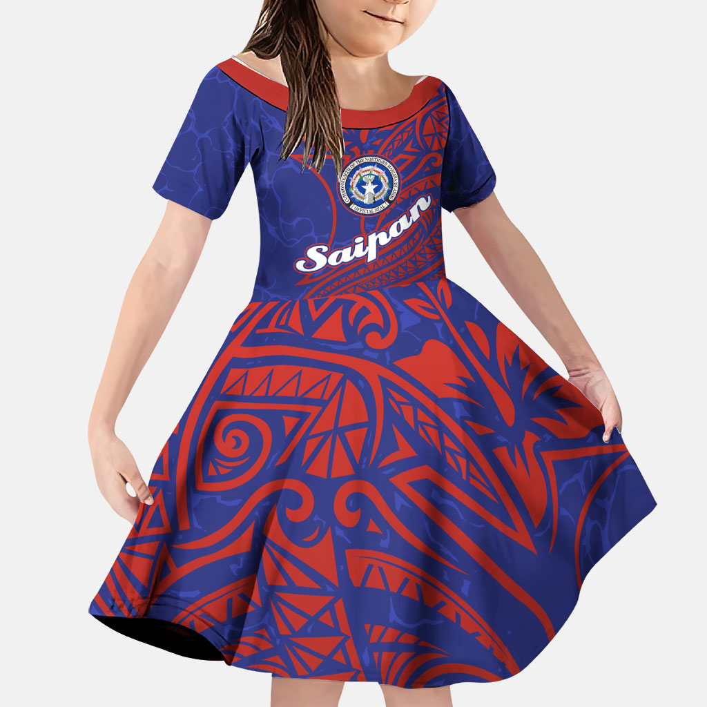 Saipan Northern Mariana Islands Family Matching Off The Shoulder Long Sleeve Dress and Hawaiian Shirt Polynesian Tribal Tattoo Art With Hibiscus Flowers And Seal TS04 Daughter's Dress Blue Red - Polynesian Pride
