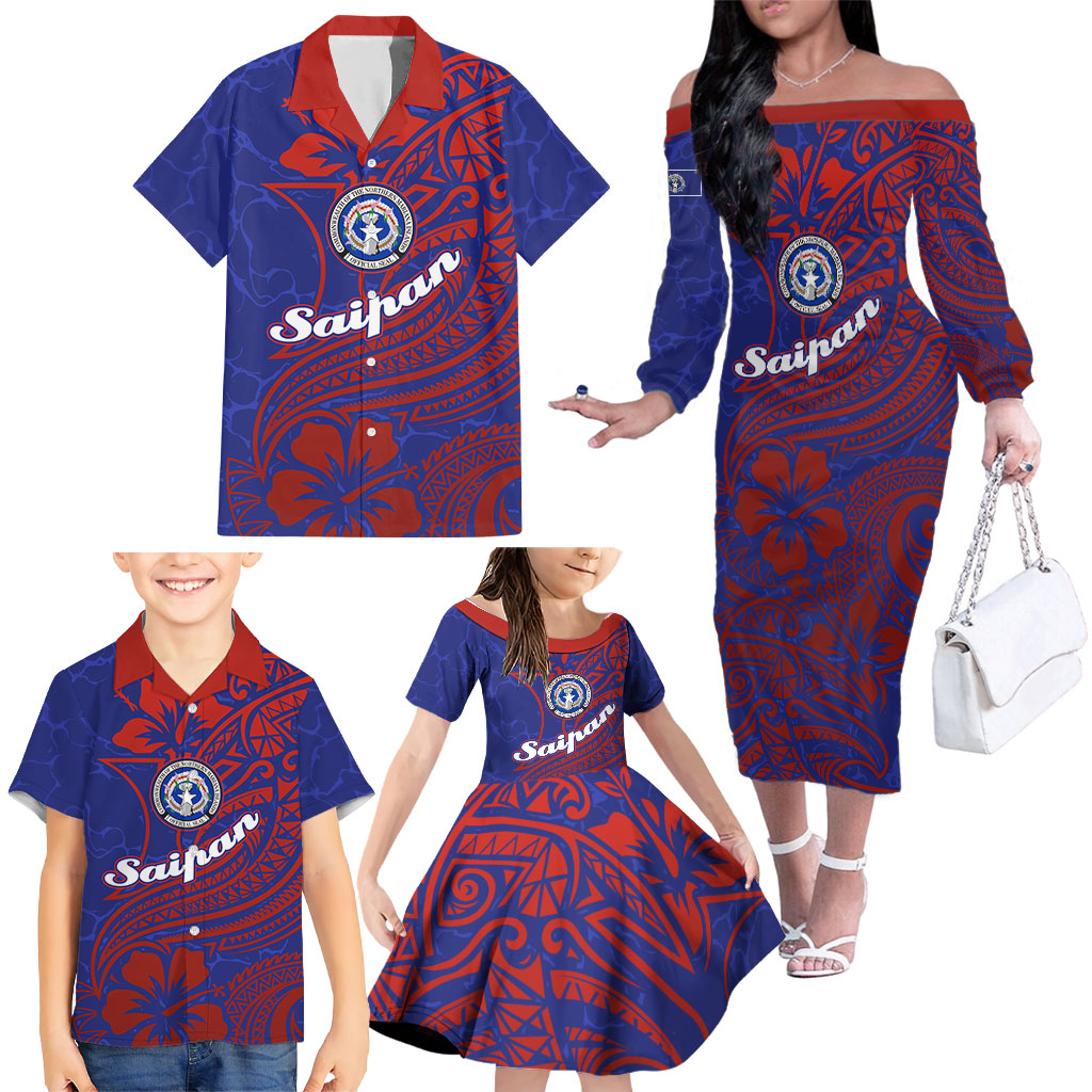 Saipan Northern Mariana Islands Family Matching Off The Shoulder Long Sleeve Dress and Hawaiian Shirt Polynesian Tribal Tattoo Art With Hibiscus Flowers And Seal TS04 - Polynesian Pride