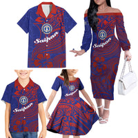 Saipan Northern Mariana Islands Family Matching Off The Shoulder Long Sleeve Dress and Hawaiian Shirt Polynesian Tribal Tattoo Art With Hibiscus Flowers And Seal TS04 - Polynesian Pride