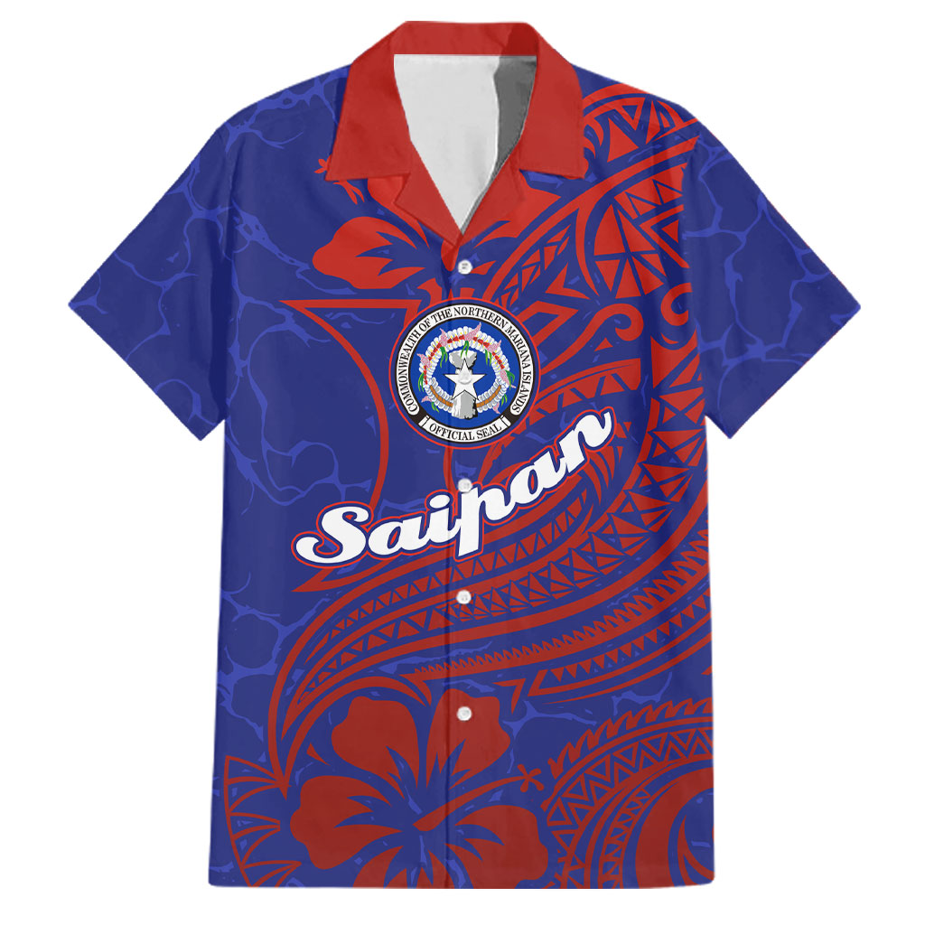 Saipan Northern Mariana Islands Family Matching Off The Shoulder Long Sleeve Dress and Hawaiian Shirt Polynesian Tribal Tattoo Art With Hibiscus Flowers And Seal TS04 Dad's Shirt - Short Sleeve Blue Red - Polynesian Pride