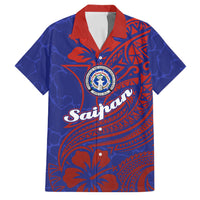 Saipan Northern Mariana Islands Family Matching Off The Shoulder Long Sleeve Dress and Hawaiian Shirt Polynesian Tribal Tattoo Art With Hibiscus Flowers And Seal TS04 Dad's Shirt - Short Sleeve Blue Red - Polynesian Pride