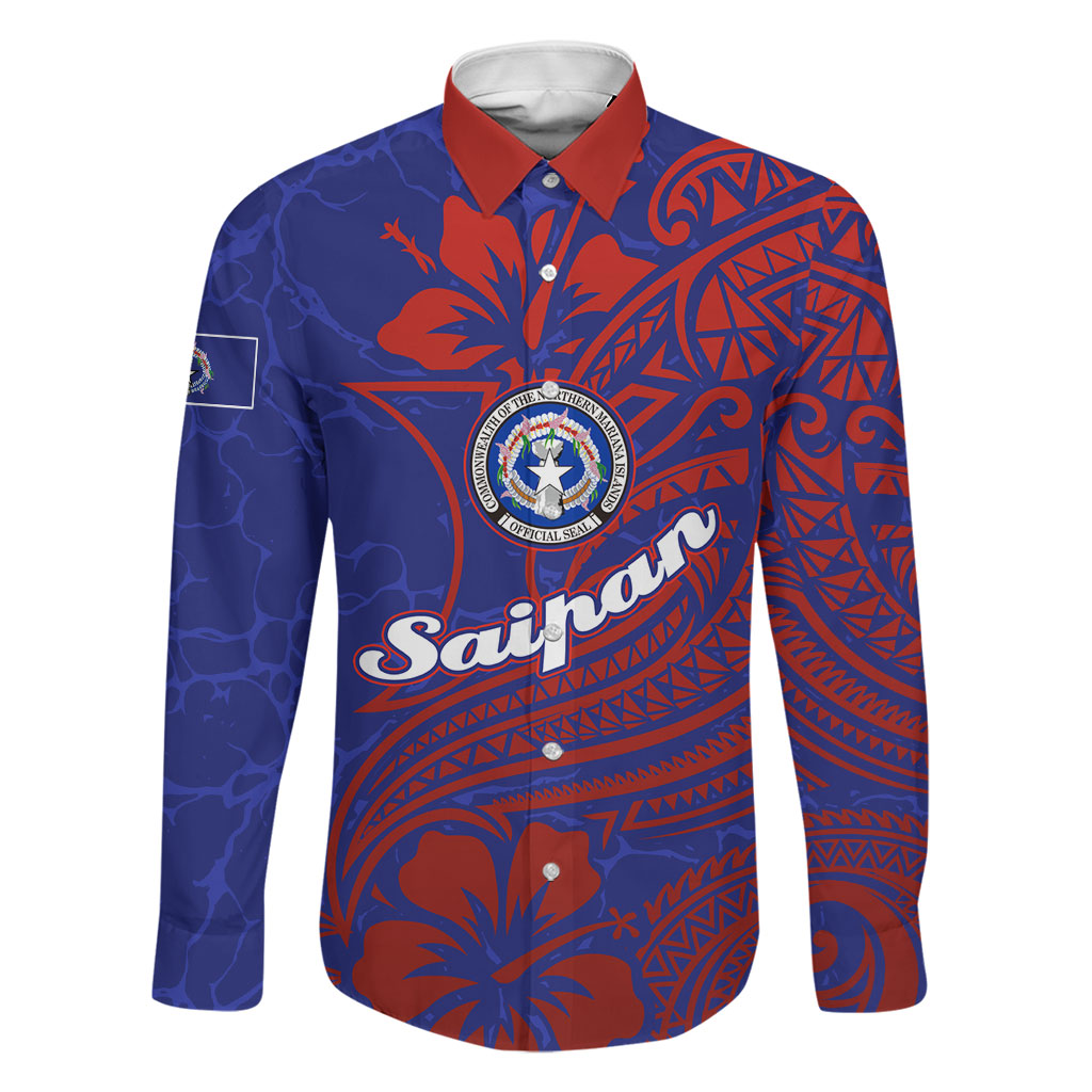 Saipan Northern Mariana Islands Family Matching Off The Shoulder Long Sleeve Dress and Hawaiian Shirt Polynesian Tribal Tattoo Art With Hibiscus Flowers And Seal TS04 Dad's Shirt - Long Sleeve Blue Red - Polynesian Pride