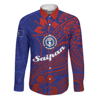Saipan Northern Mariana Islands Family Matching Off The Shoulder Long Sleeve Dress and Hawaiian Shirt Polynesian Tribal Tattoo Art With Hibiscus Flowers And Seal TS04 Dad's Shirt - Long Sleeve Blue Red - Polynesian Pride