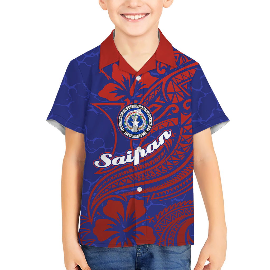 Saipan Northern Mariana Islands Family Matching Off The Shoulder Long Sleeve Dress and Hawaiian Shirt Polynesian Tribal Tattoo Art With Hibiscus Flowers And Seal TS04 Son's Shirt Blue Red - Polynesian Pride