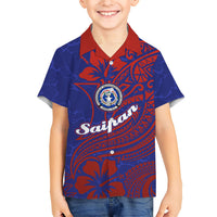 Saipan Northern Mariana Islands Family Matching Off The Shoulder Long Sleeve Dress and Hawaiian Shirt Polynesian Tribal Tattoo Art With Hibiscus Flowers And Seal TS04 Son's Shirt Blue Red - Polynesian Pride