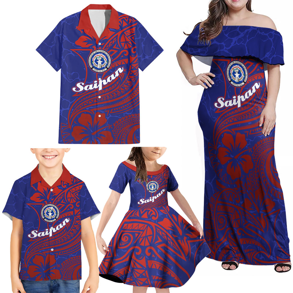 Saipan Northern Mariana Islands Family Matching Off Shoulder Maxi Dress and Hawaiian Shirt Polynesian Tribal Tattoo Art With Hibiscus Flowers And Seal