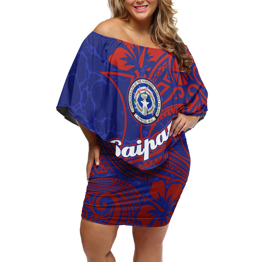 Saipan Northern Mariana Islands Family Matching Off Shoulder Short Dress and Hawaiian Shirt Polynesian Tribal Tattoo Art With Hibiscus Flowers And Seal
