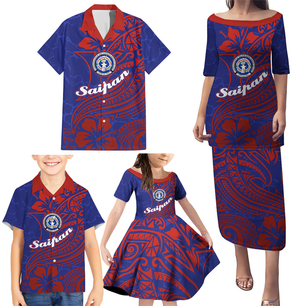 Saipan Northern Mariana Islands Family Matching Puletasi and Hawaiian Shirt Polynesian Tribal Tattoo Art With Hibiscus Flowers And Seal