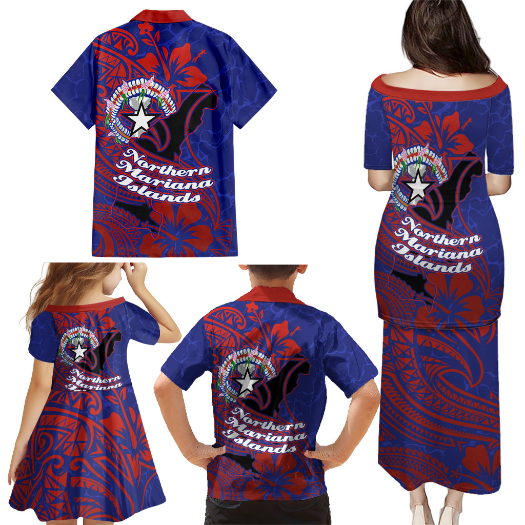 Saipan Northern Mariana Islands Family Matching Puletasi and Hawaiian Shirt Polynesian Tribal Tattoo Art With Hibiscus Flowers And Seal