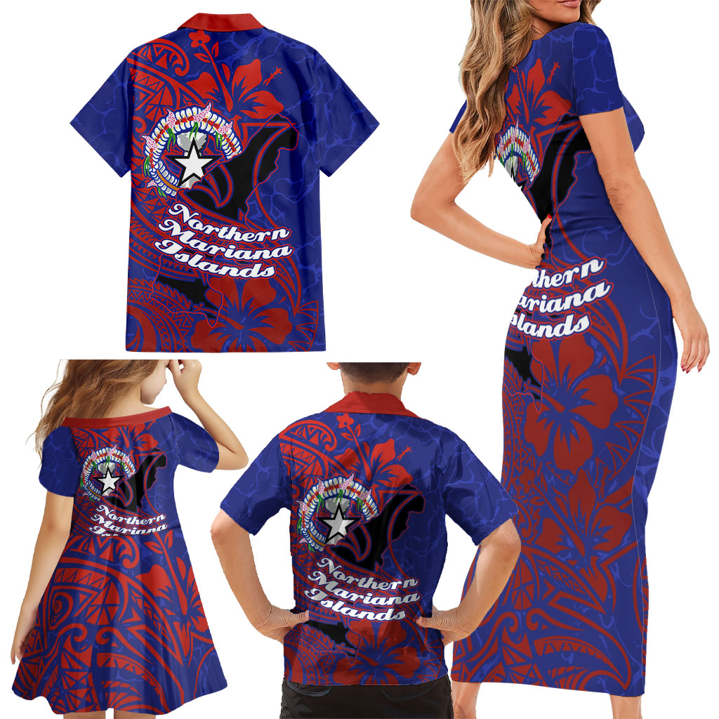 Saipan Northern Mariana Islands Family Matching Short Sleeve Bodycon Dress and Hawaiian Shirt Polynesian Tribal Tattoo Art With Hibiscus Flowers And Seal
