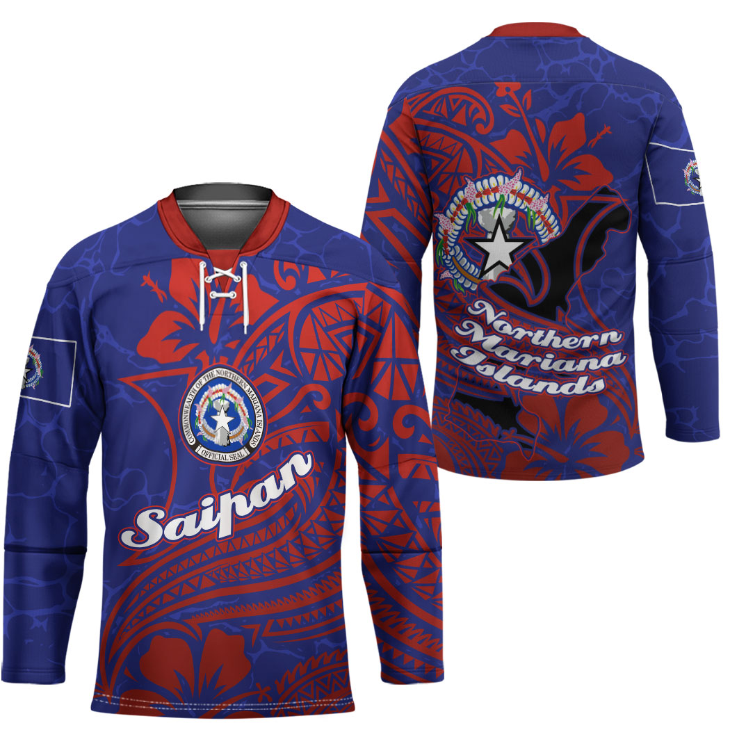 Saipan Northern Mariana Islands Hockey Jersey Polynesian Tribal Tattoo Art With Hibiscus Flowers And Seal