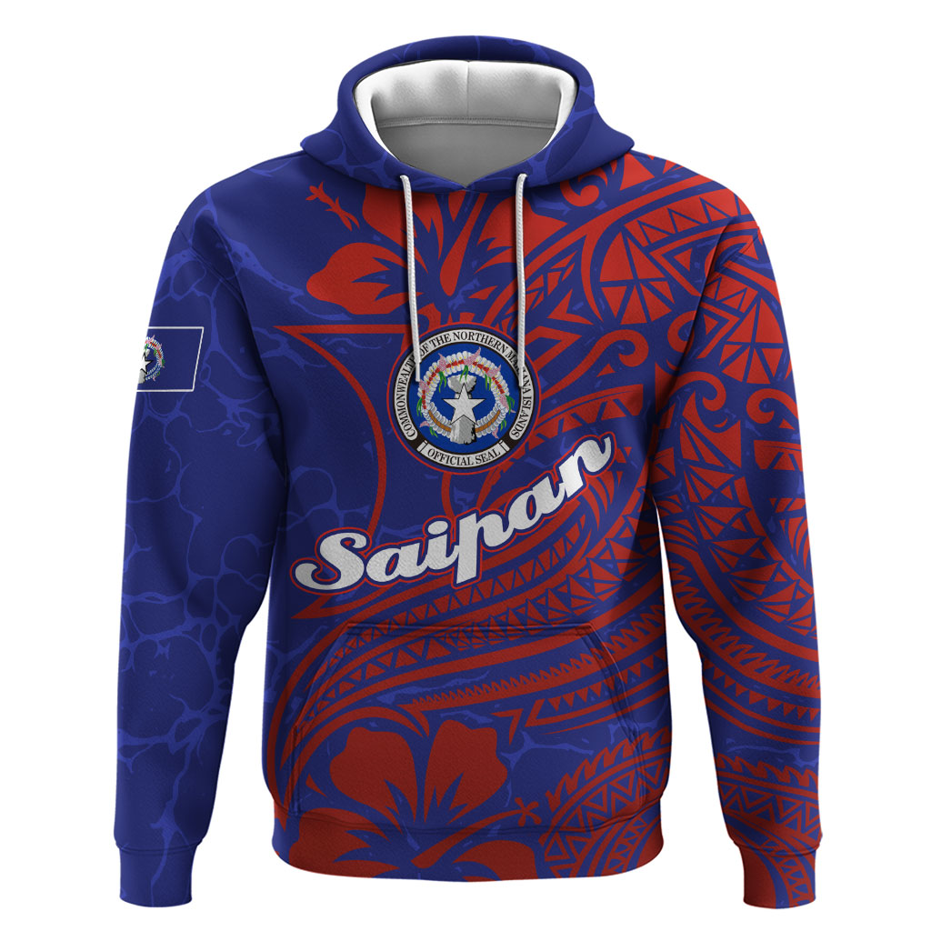 Saipan Northern Mariana Islands Hoodie Polynesian Tribal Tattoo Art With Hibiscus Flowers And Seal TS04 Pullover Hoodie Blue Red - Polynesian Pride