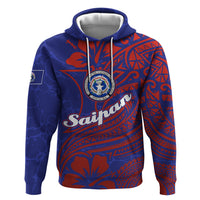 Saipan Northern Mariana Islands Hoodie Polynesian Tribal Tattoo Art With Hibiscus Flowers And Seal TS04 Pullover Hoodie Blue Red - Polynesian Pride