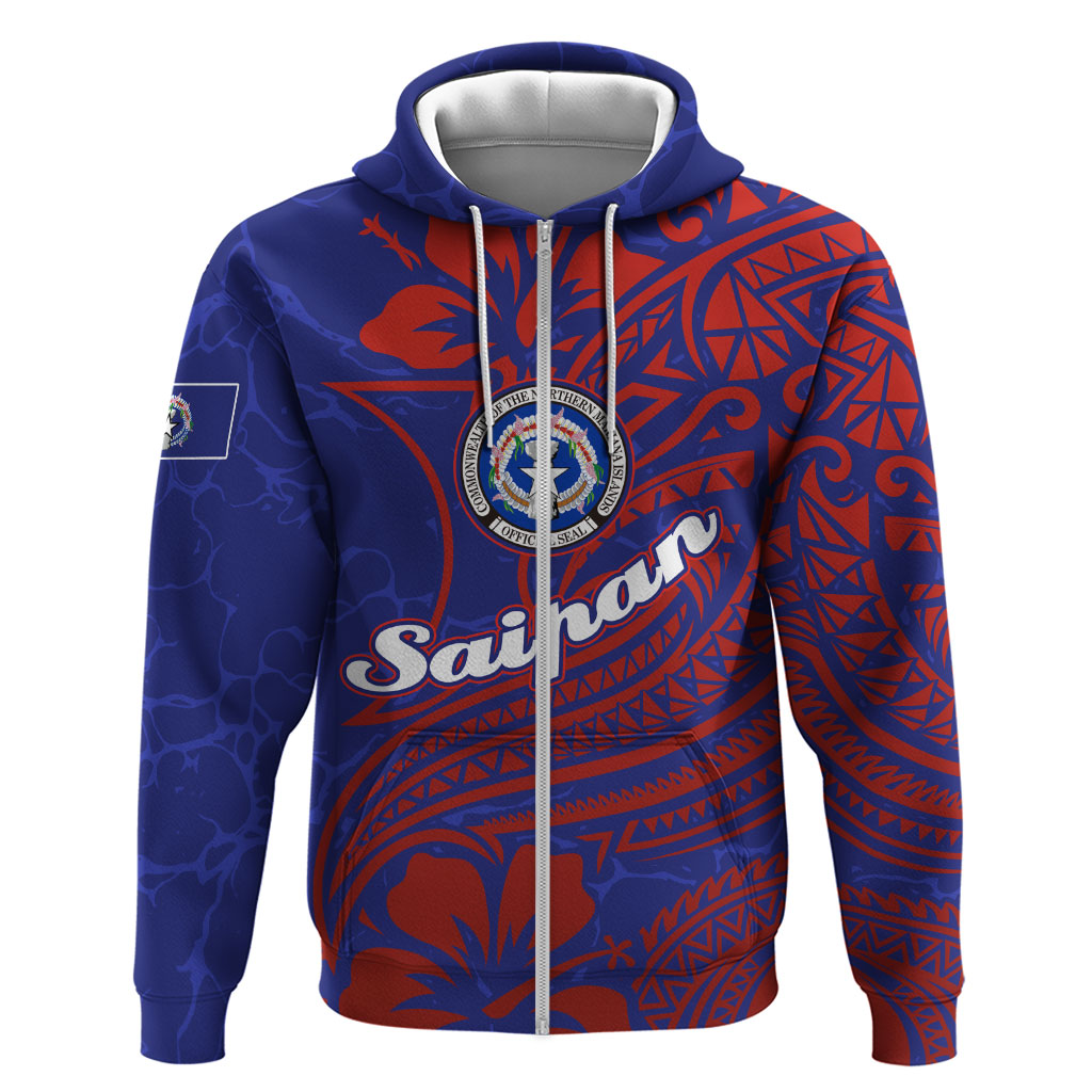 Saipan Northern Mariana Islands Hoodie Polynesian Tribal Tattoo Art With Hibiscus Flowers And Seal TS04 Zip Hoodie Blue Red - Polynesian Pride