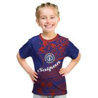 Saipan Northern Mariana Islands Kid T Shirt Polynesian Tribal Tattoo Art With Hibiscus Flowers And Seal TS04 Blue Red - Polynesian Pride