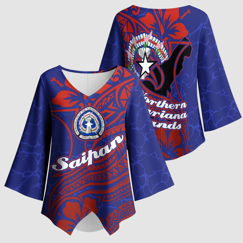 Saipan Northern Mariana Islands Kimono Sleeve Blouse Polynesian Tribal Tattoo Art With Hibiscus Flowers And Seal