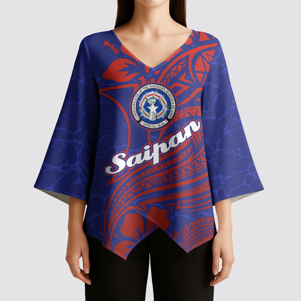Saipan Northern Mariana Islands Kimono Sleeve Blouse Polynesian Tribal Tattoo Art With Hibiscus Flowers And Seal