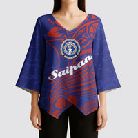 Saipan Northern Mariana Islands Kimono Sleeve Blouse Polynesian Tribal Tattoo Art With Hibiscus Flowers And Seal