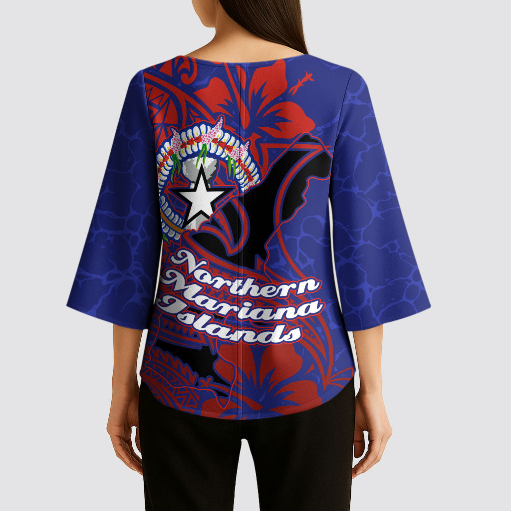 Saipan Northern Mariana Islands Kimono Sleeve Blouse Polynesian Tribal Tattoo Art With Hibiscus Flowers And Seal