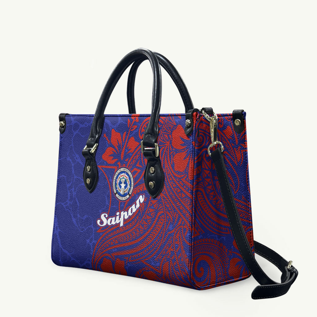 Saipan Northern Mariana Islands Leather Bag Polynesian Tribal Tattoo Art With Hibiscus Flowers And Seal