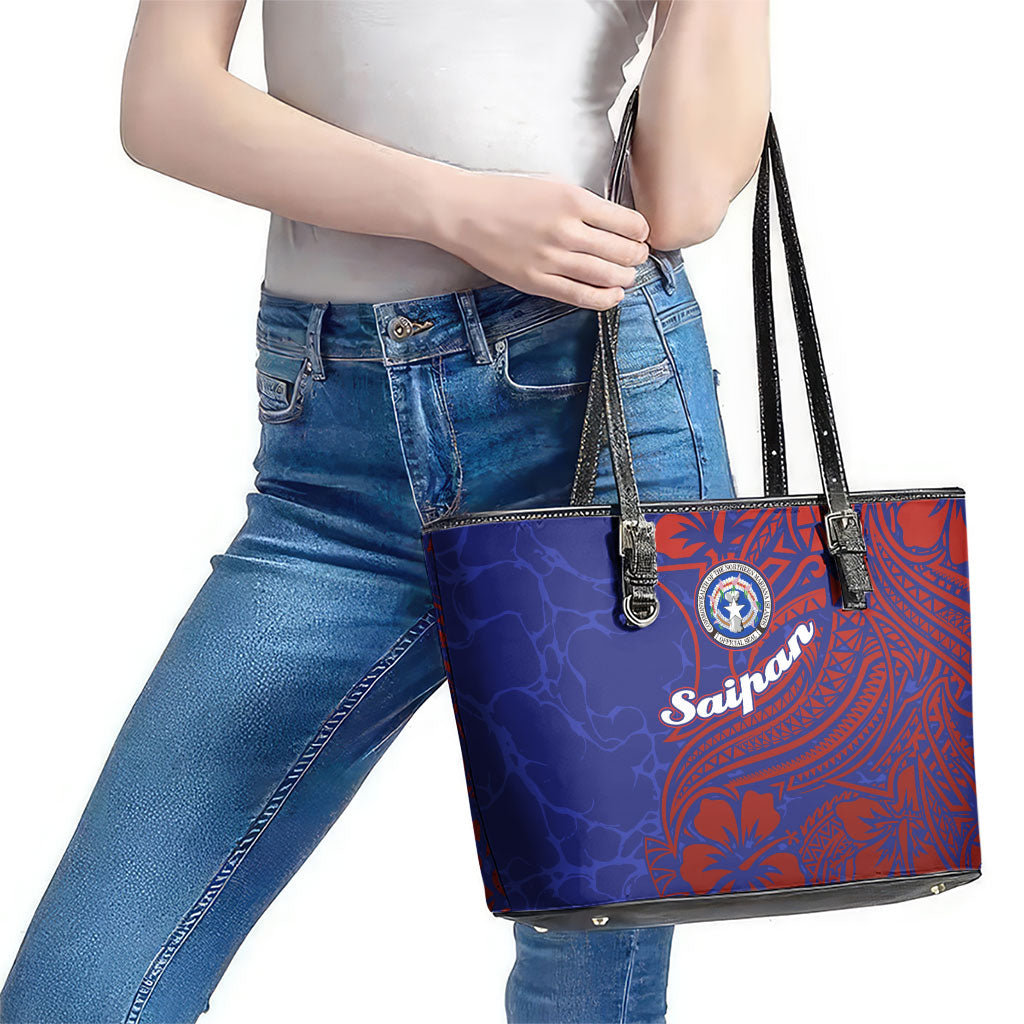 Saipan Northern Mariana Islands Leather Tote Bag Polynesian Tribal Tattoo Art With Hibiscus Flowers And Seal
