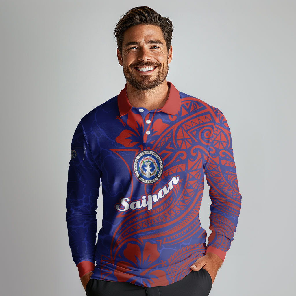 Saipan Northern Mariana Islands Long Sleeve Polo Shirt Polynesian Tribal Tattoo Art With Hibiscus Flowers And Seal